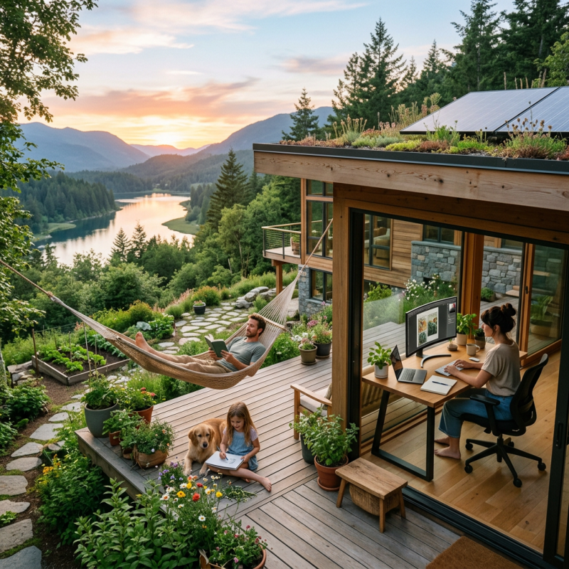 Person working on a laptop indoors while family relaxes outdoors near a lake at sunset
